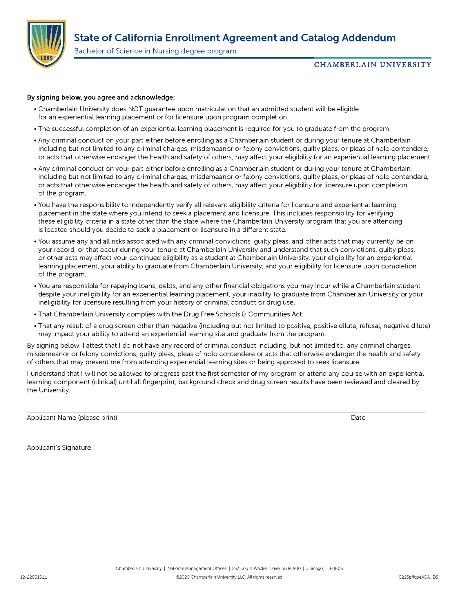Picture of California Enrollment Agreement and Catalog Addendum - Bachelor of Science in Nursing Degree Program